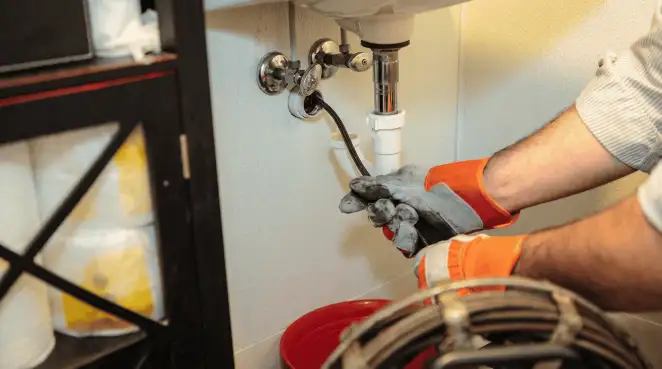 Drain cleaning technician using a motorized plumbing snake to clear a clogged sink pipe in Ogden, UT