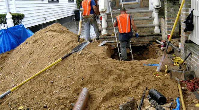 Contractors performing foundation protection and exterior drainage excavation near residential home steps in Ogden, UT